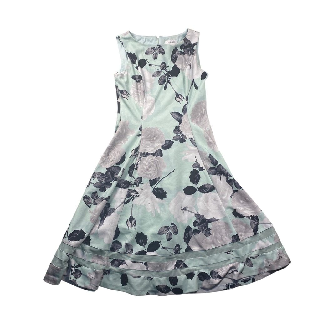 Calvin Klein Womens Mint Green Floral Rose Print Fit Flare Dress Size 6